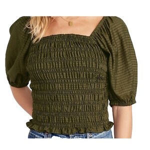 Old Navy Women Top Large Green Rayon Blend Short Puff Sleeve Ruched Fit Boho new